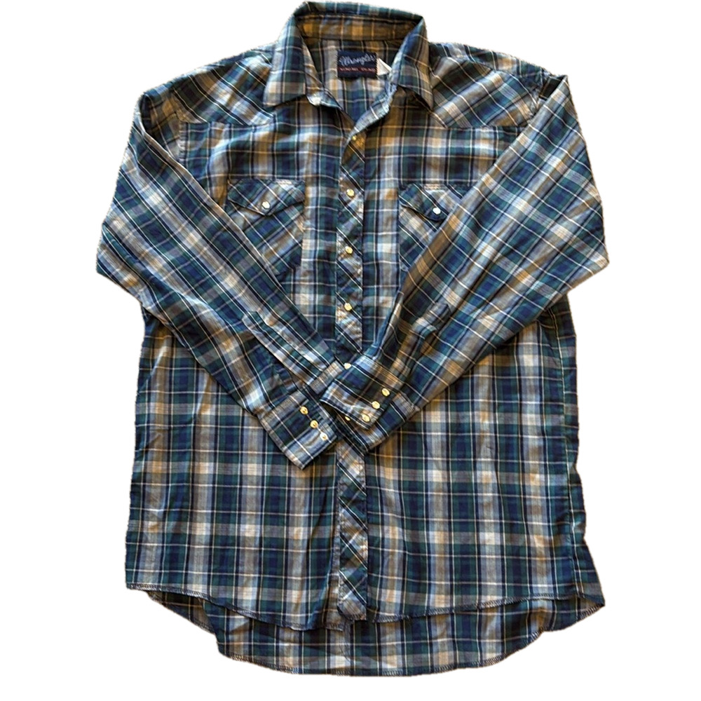 Wrangler Mens Vintage 80’s Western XL Extra Long Blue Plaid Button Down Shirt